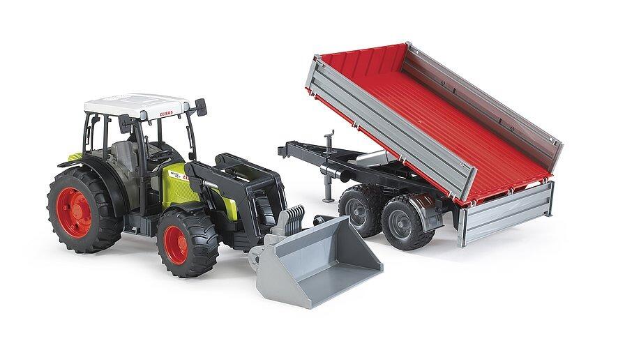 Bruder Claas Nectis 267 F with raised tipping trailer and working frontloader