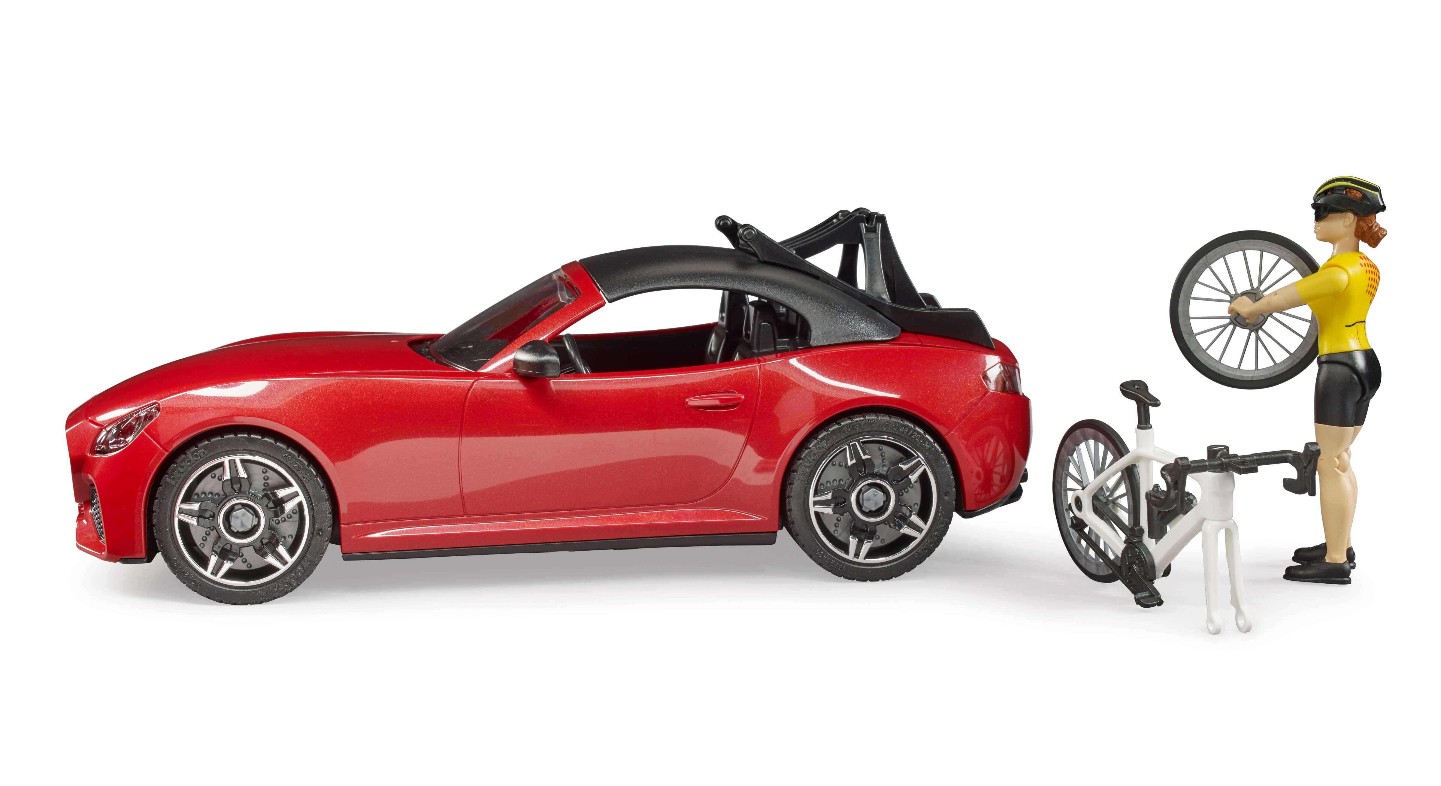 Roadster toy car set driving with racing bicycle attached – 1:16 scale model
