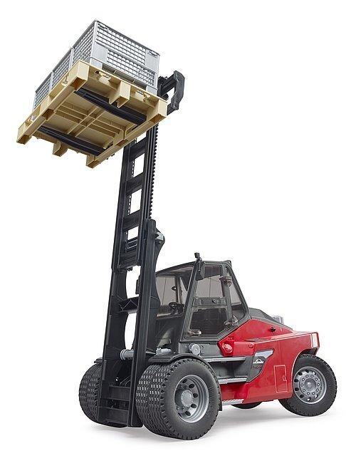 Bruder Linde HT160 Forklift toy raising a loaded pallet high on its lifting mast.