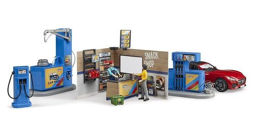Bruder Petrol Station and Car Wash playset with red sports car and service accessories.