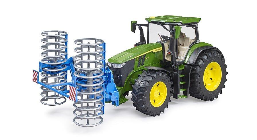 Bruder John Deere 7R 350 tractor with farming implement attached – toy model
