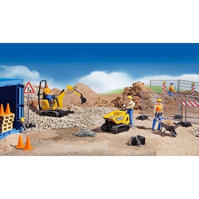 Outdoor construction play scene with vehicles using the Bruder construction accessories
