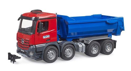 Shows the Bruder Mercedes-Benz Arocs Halfpipe Dump Truck from the front in red and blue with the tipping body lowered.
