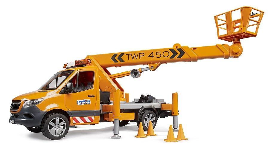 Side view of yellow Sprinter service truck with extended work platform