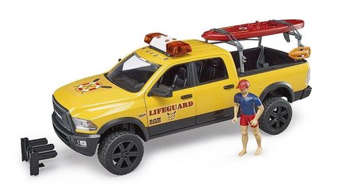 Yellow RAM 2500 lifeguard pickup toy with lifeguard figure standing beside the truck.