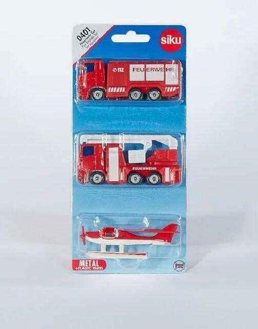 Siku 0401 Fire Brigade Set in retail blister packaging showing fire engine, command vehicle and reconnaissance plane