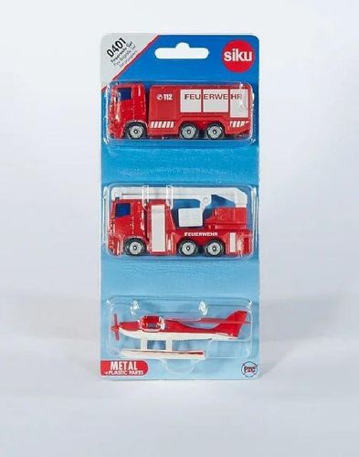 Siku 0401 Fire Brigade Set in retail blister packaging showing fire engine, command vehicle and reconnaissance plane