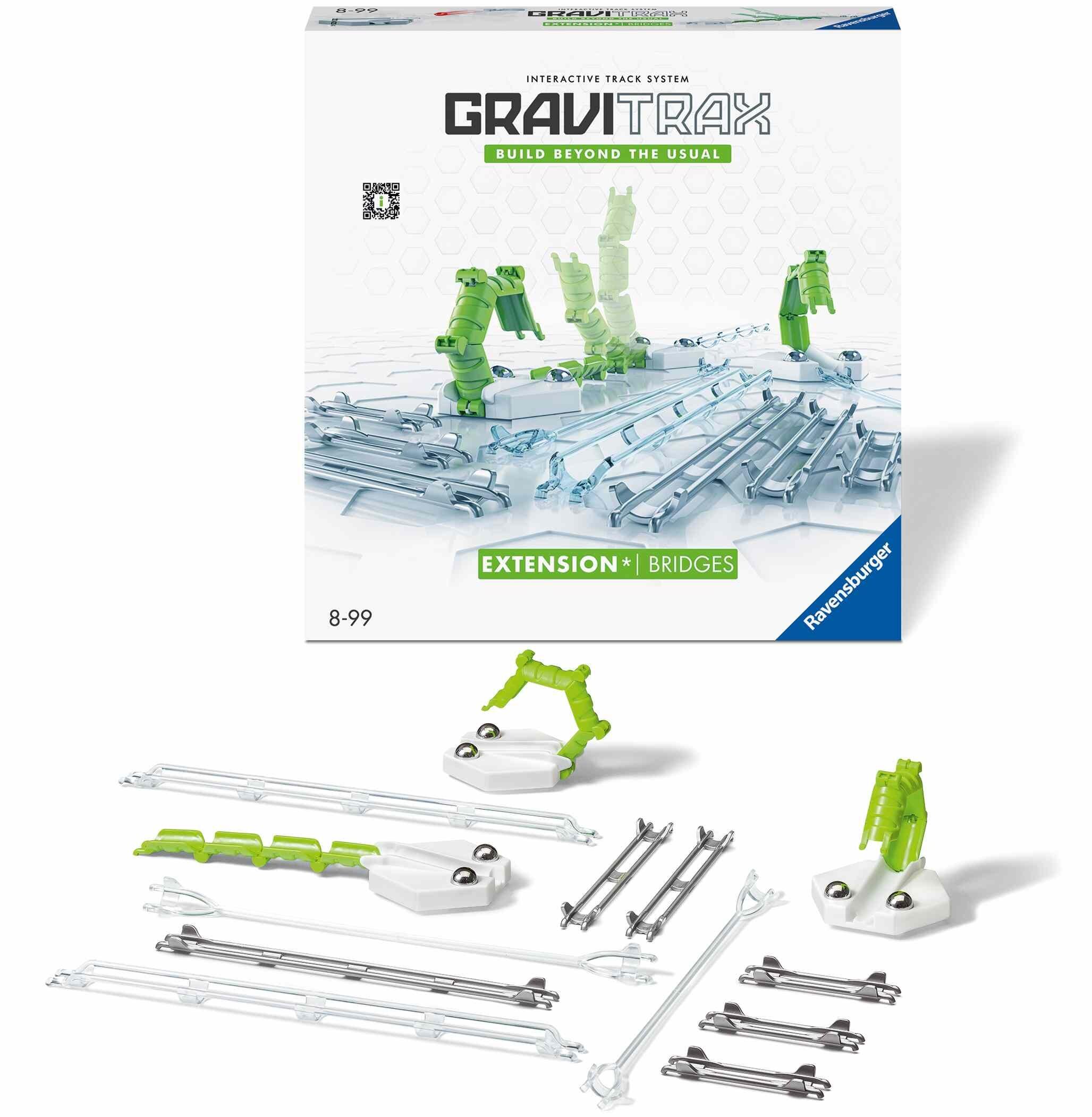 GraviTrax Bridges Pack box with adjustable bridge elements, track pieces, and connectors displayed in front