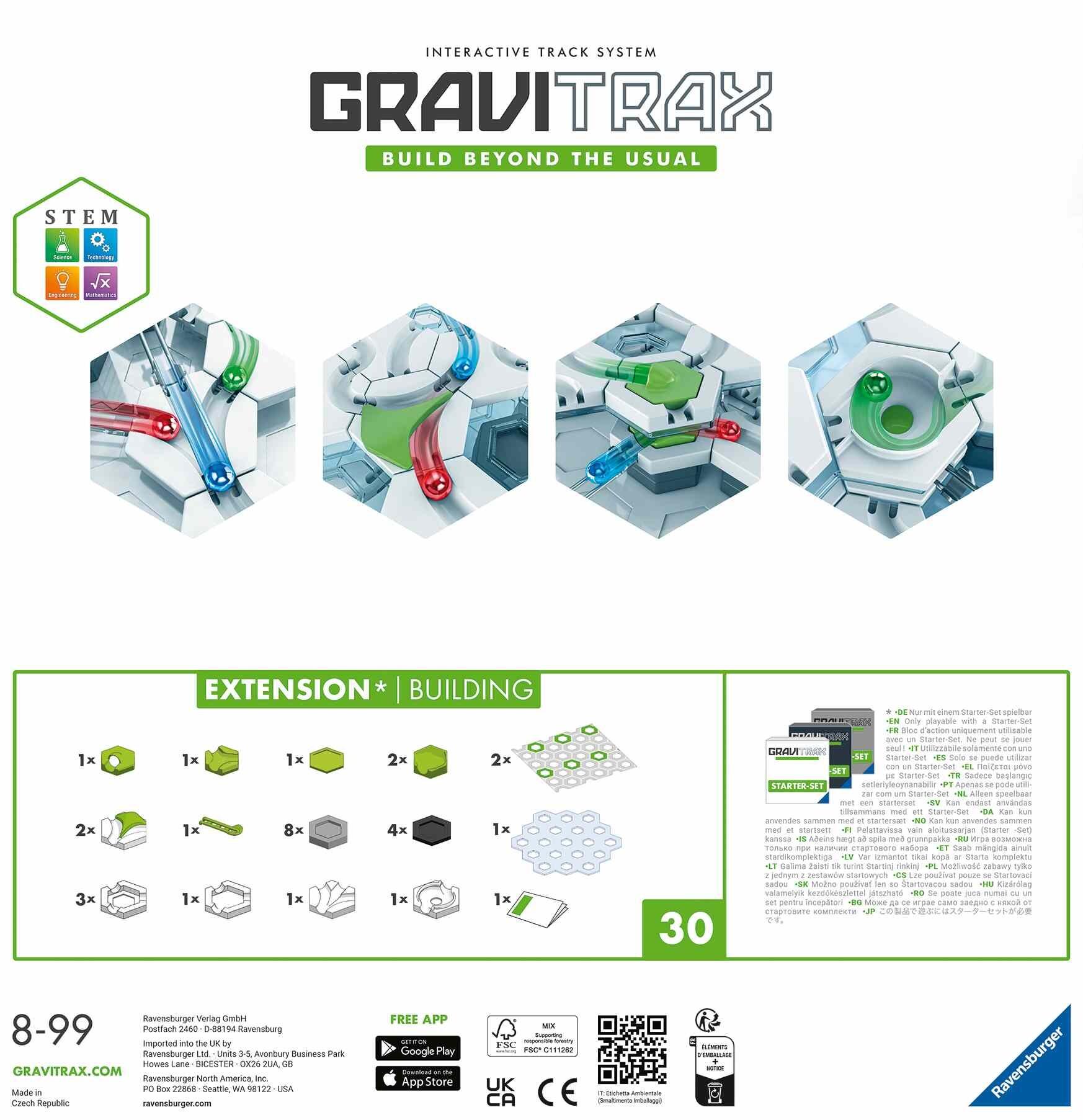 Back of the GraviTrax Building Pack box displaying track components and set contents