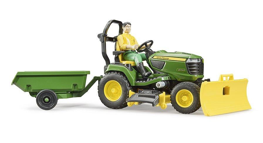 Bruder John Deere mower and trailer set displayed for farm play