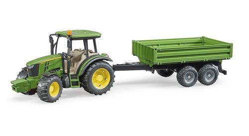 Bruder John Deere 5115M tractor with green tipping trailer attached