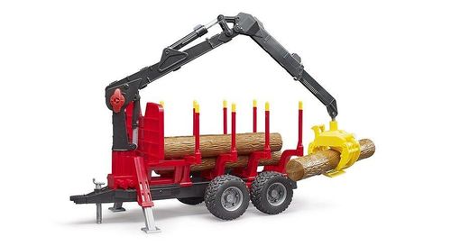 Bruder Forestry Trailer with Loading Crane – 4 Trunks and Grab toy with crane arm raised