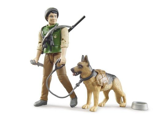 Forester toy figure with rifle and German Shepherd on leash