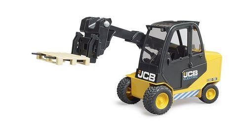 Bruder JCB Teletruk 1:16 scale forklift toy with pallet on adjustable forks.