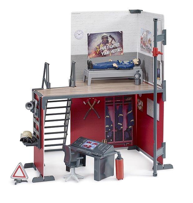 Fire station playset with firefighter gear, ladder and workstation on the lower level