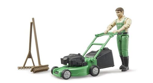 Bruder gardener toy figure mowing with green lawnmower and tools