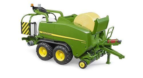 John Deere baler toy with wrapping chamber on wheels, shown from the front three-quarter angle
