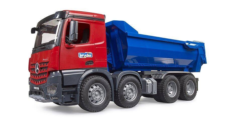 Side profile of the Bruder Arocs Halfpipe Dump Truck highlighting the detailed cab and halfpipe-style body.