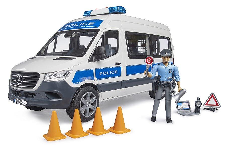 White and blue van with policeman gesturing beside cones and warning signs