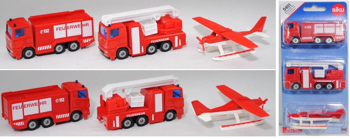 Siku 0401 Fire Brigade Set with fire engine, command vehicle and reconnaissance plane displayed side by side