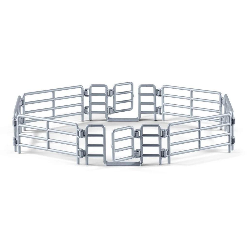 Schleich Corral Fence pieces assembled in an oval-shaped enclosure.