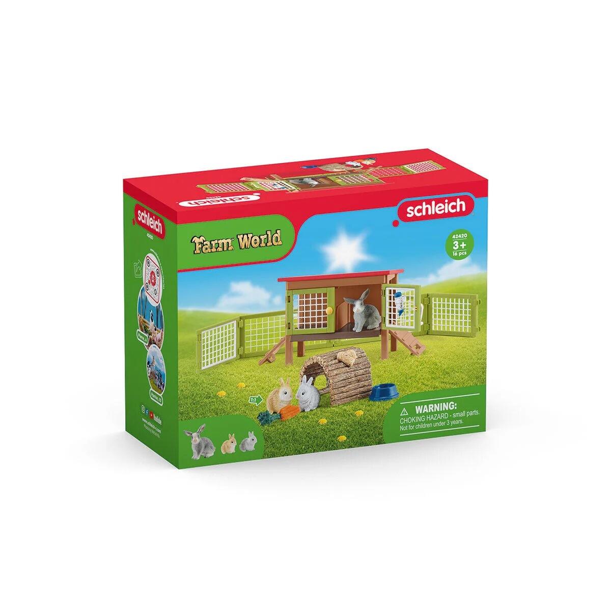 Schleich Rabbit Hutch 42420 boxed packaging showing the hutch, fenced run and rabbit figures