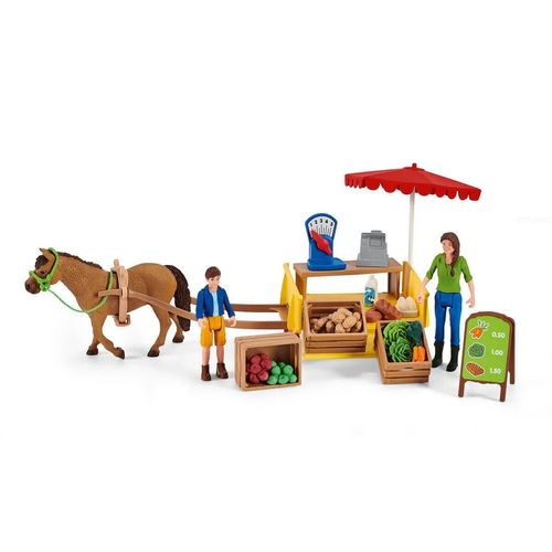 Schleich Sunny Day Mobile Farm Stand playset with horse, stall, figures and market accessories.