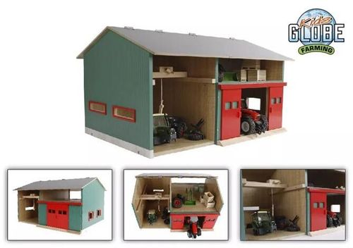 Image collage of the Kids Globe 1:32 workshop with green walls and red doors, showing exterior views and the open storage interior.