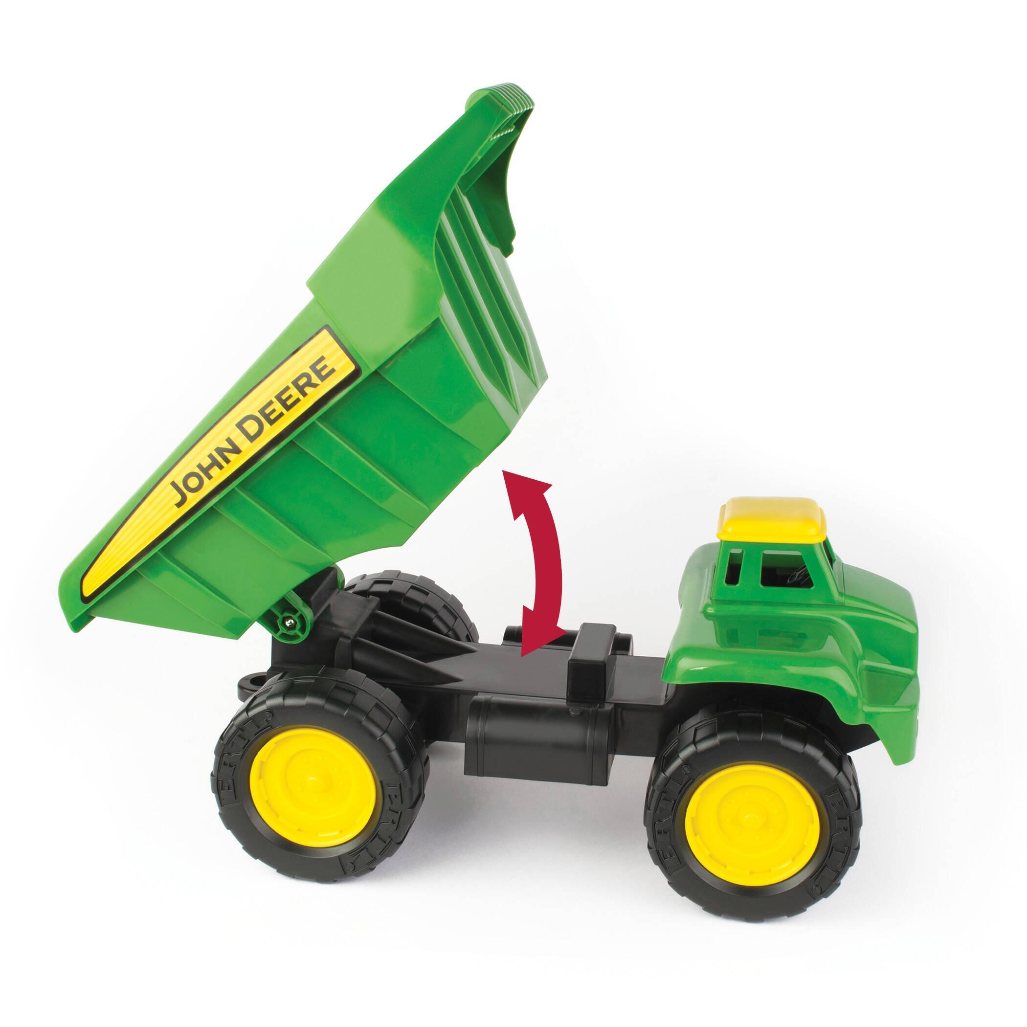 John Deere Big Scoop dump truck toy with the dump bed raised on a white background.