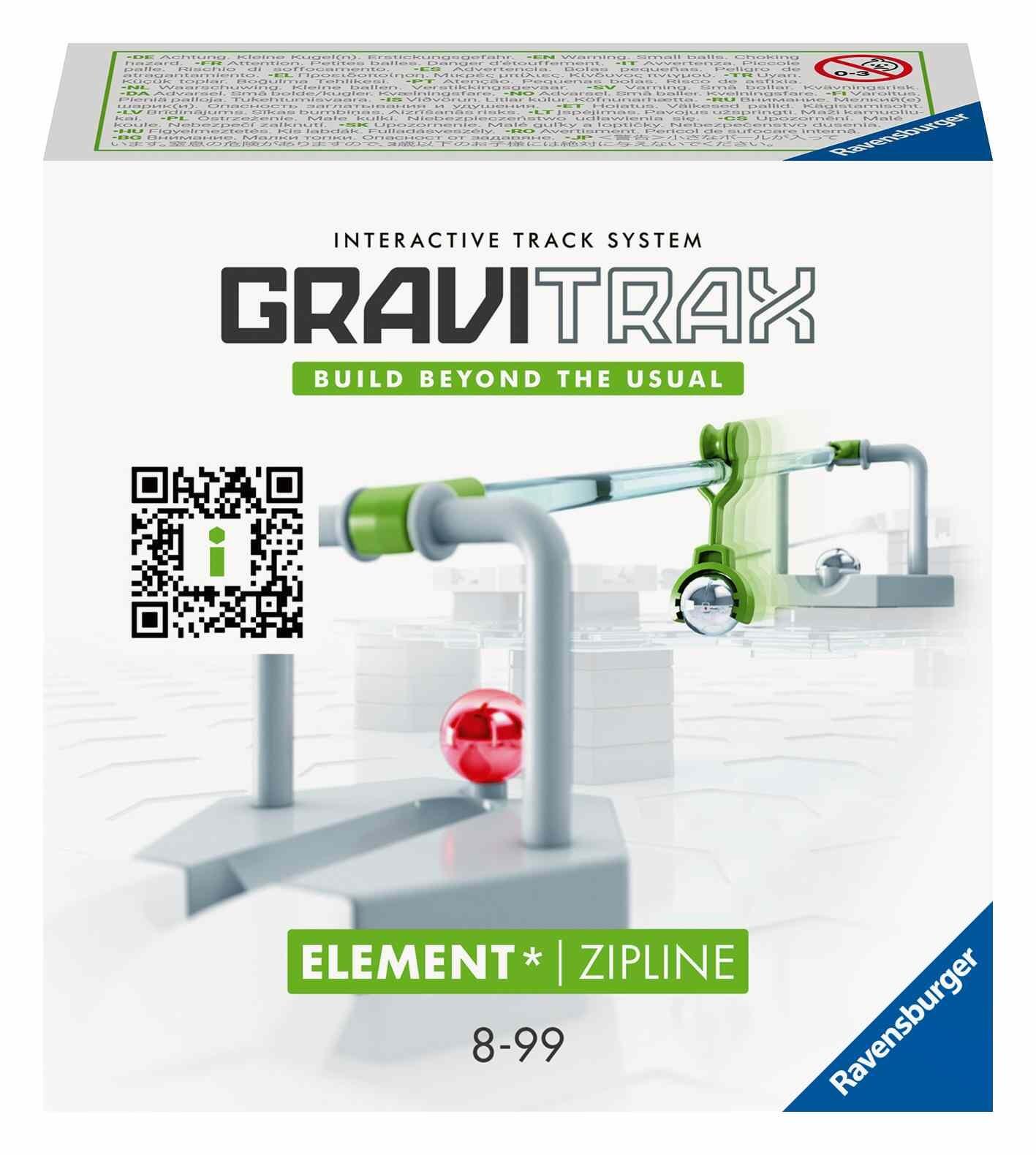 GraviTrax Zipline Element box with example of the zipline integrated into a marble run