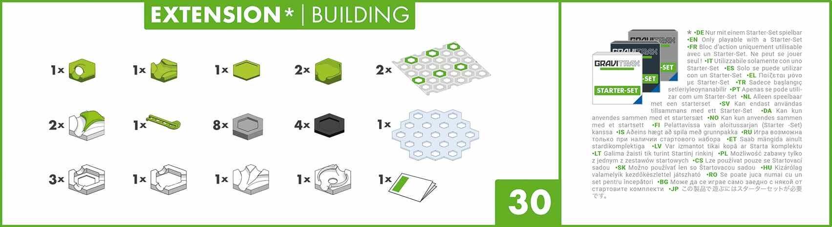 GraviTrax Building Pack contents sheet showing all included tiles and building pieces