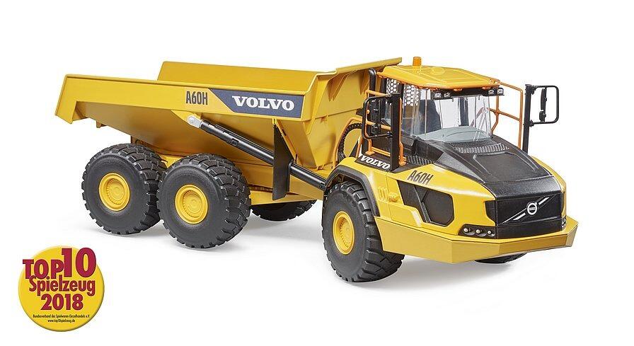 Volvo A60H toy dumper with tilting bed raised and included construction helmet