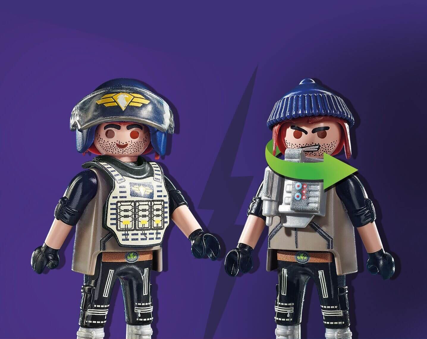 Two Playmobil tactical unit police figures in full gear