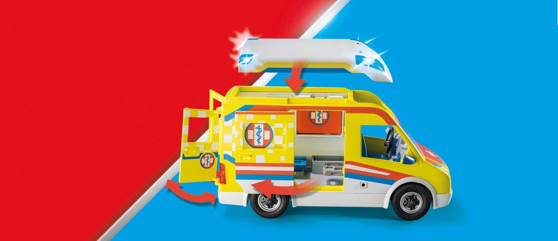Side view of PLAYMOBIL toy ambulance with flashing lights and roof accessories