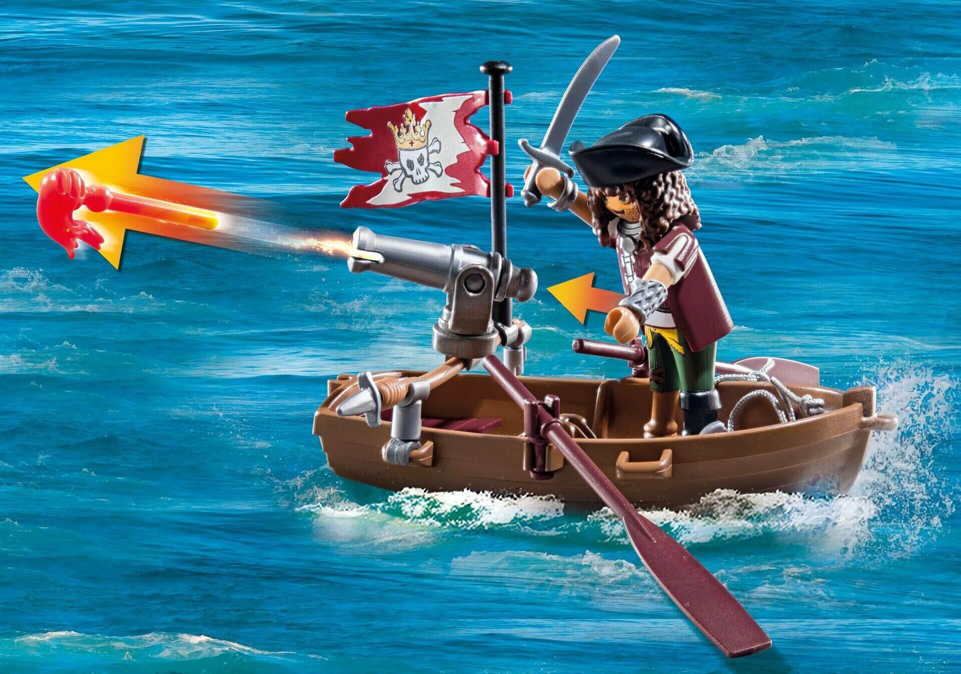 Playmobil Pirate Figure on Boat Shooting A Canon in Water Scene