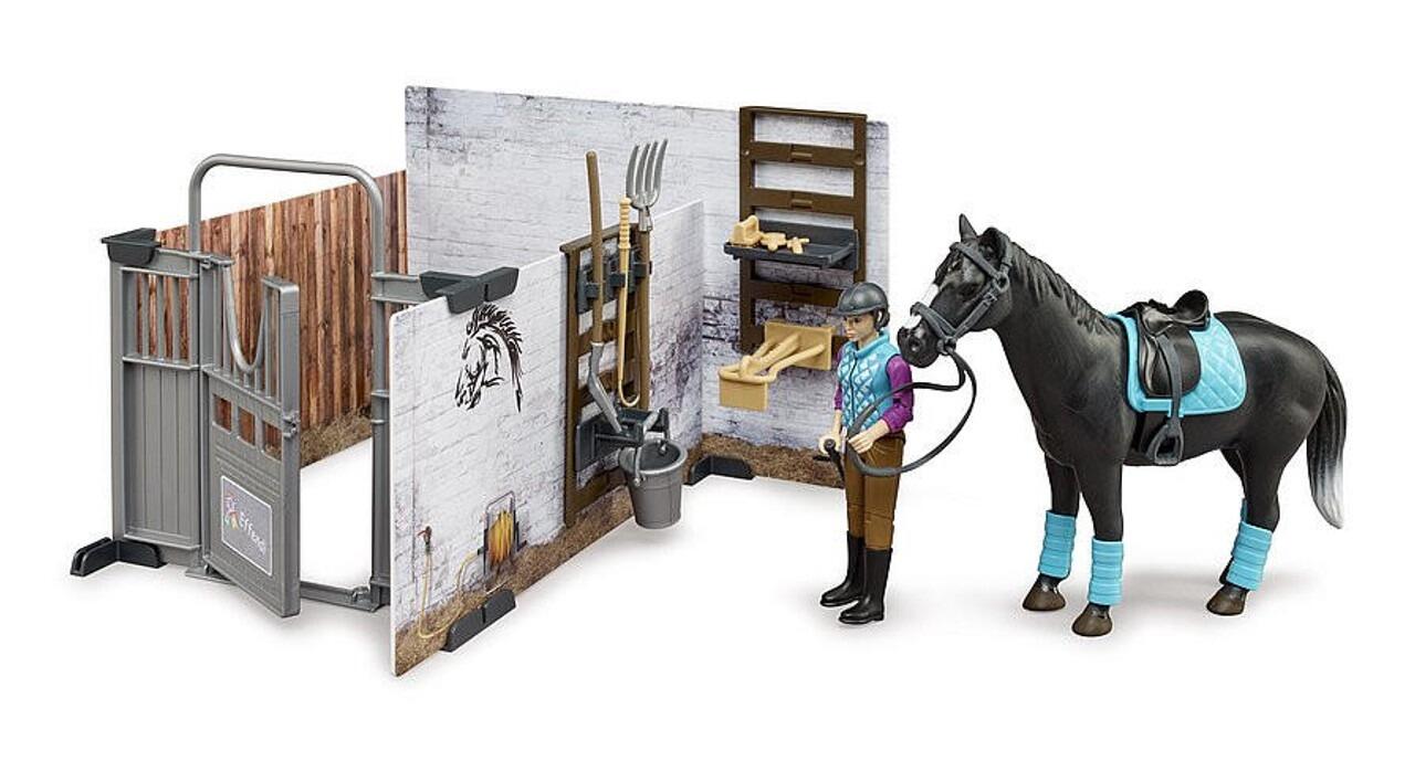 Bruder Horse Barn Set - 1:16 scale horse barn toy with horse, stable worker and accessories
