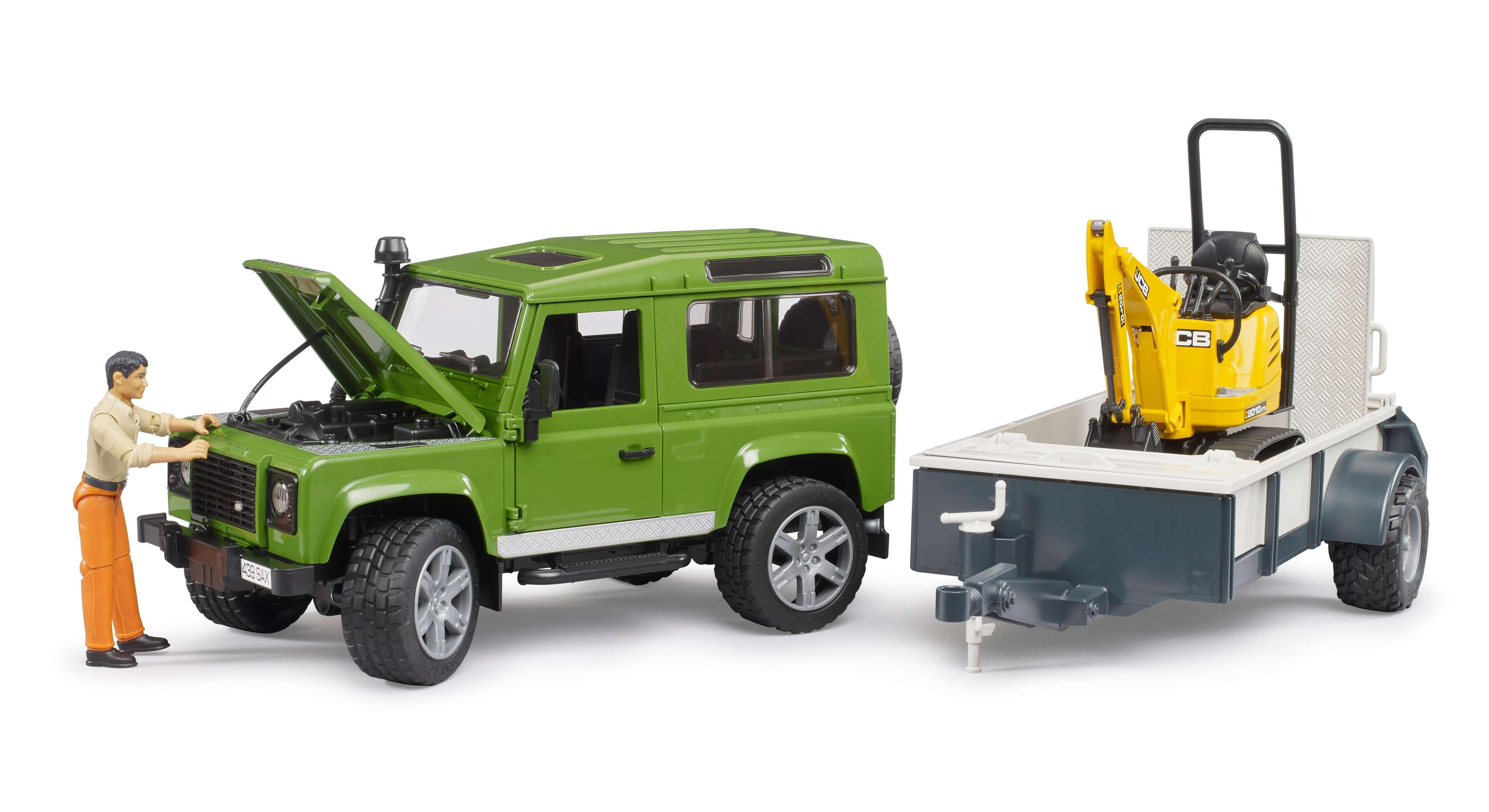 Bruder Land Rover Defender with trailer and JCB excavator toy set with construction worker figure