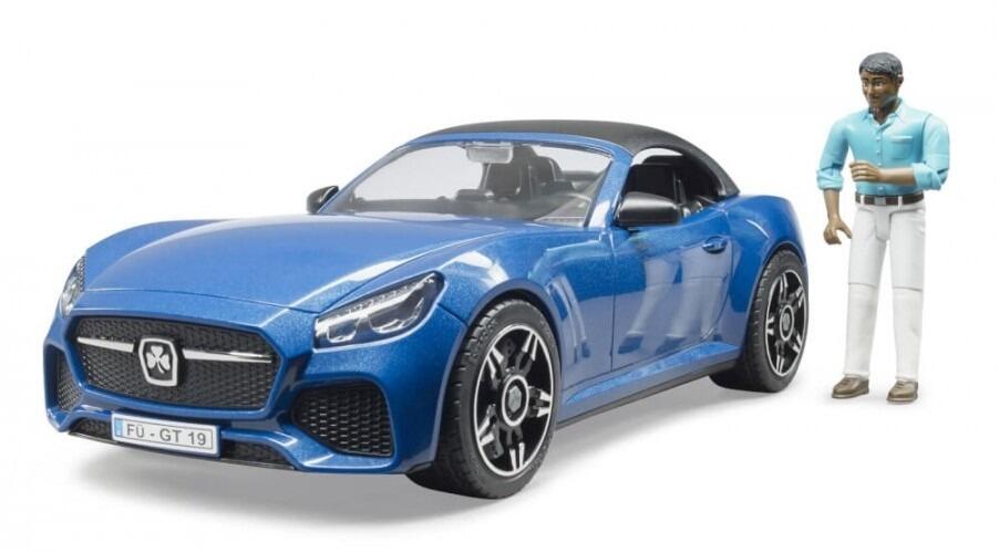 Bruder blue Roadster toy car with poseable driver figure – 1:16 scale