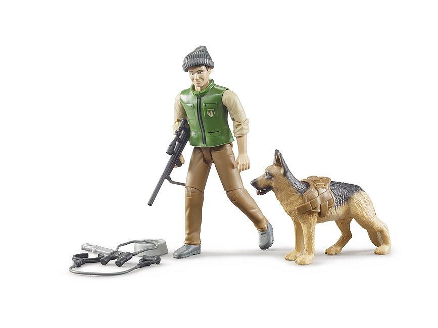 Bruder forestry toy set with figure, dog, rifle, and accessories