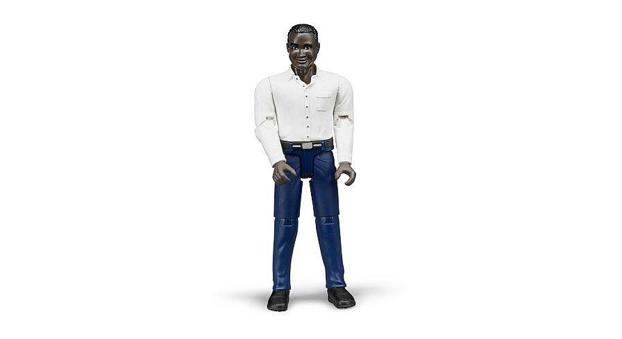 toy man figure with dark skin and dark blue jeans on white background