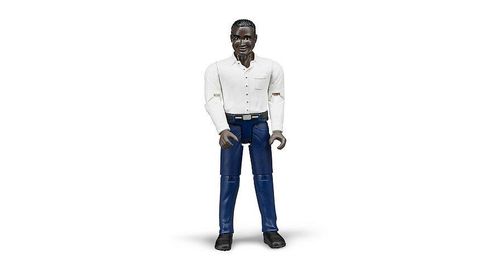 toy man figure with dark skin and dark blue jeans on white background