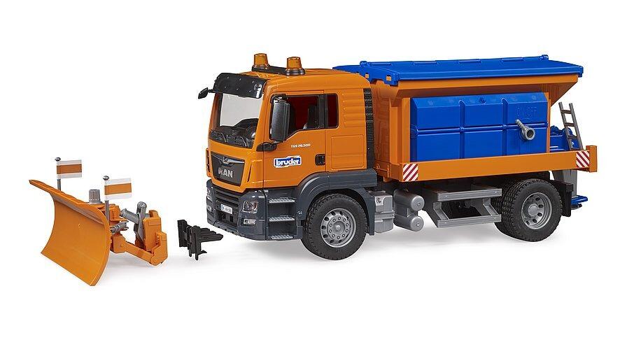 Snow plough blade angled to the side on orange MAN winter service truck
