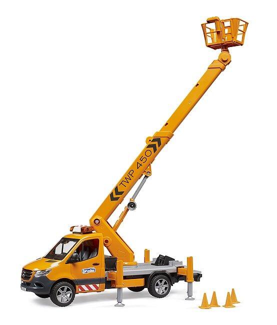 Sprinter service truck with working platform fully elevated for overhead tasks