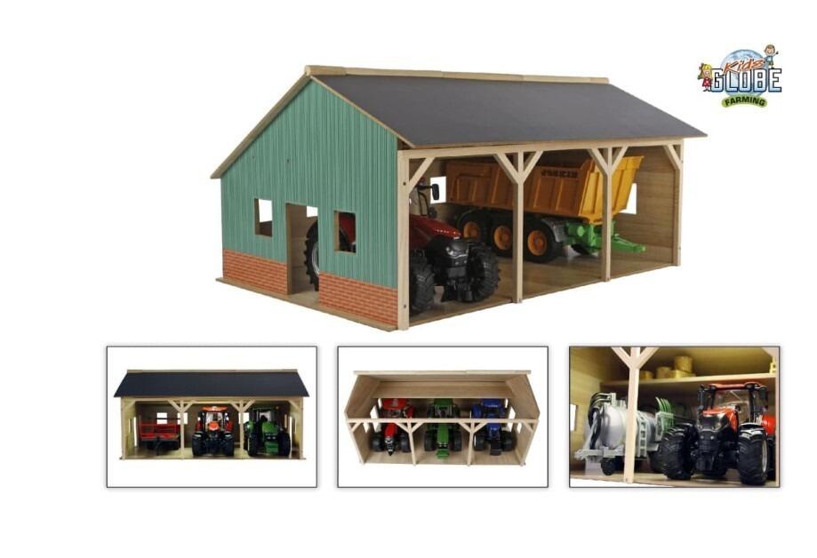 Kids Globe 1:16 wooden farm shed with tractor storage shown with interior and product views