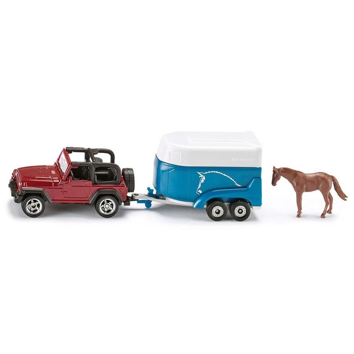 Siku Jeep with blue horse trailer and toy horse