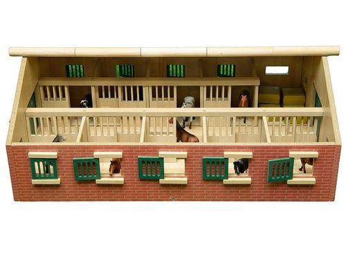 Kids Globe 1:32 horse stable with multiple stalls and green stable doors along the front wall.