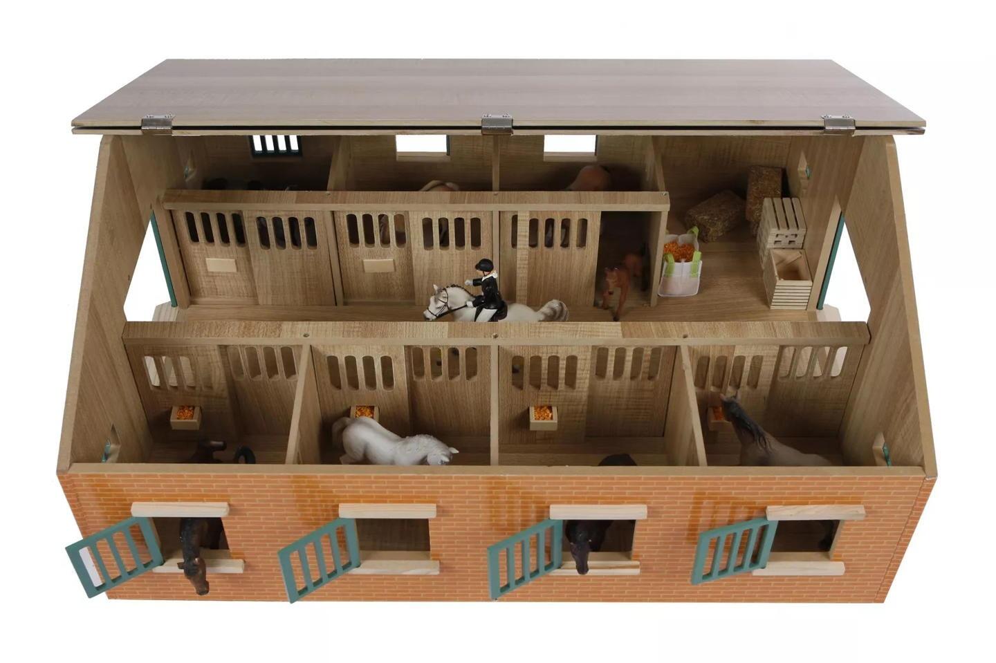 Interior view of Large Horse Stable with divided stalls and open roof – 1:24 scale.