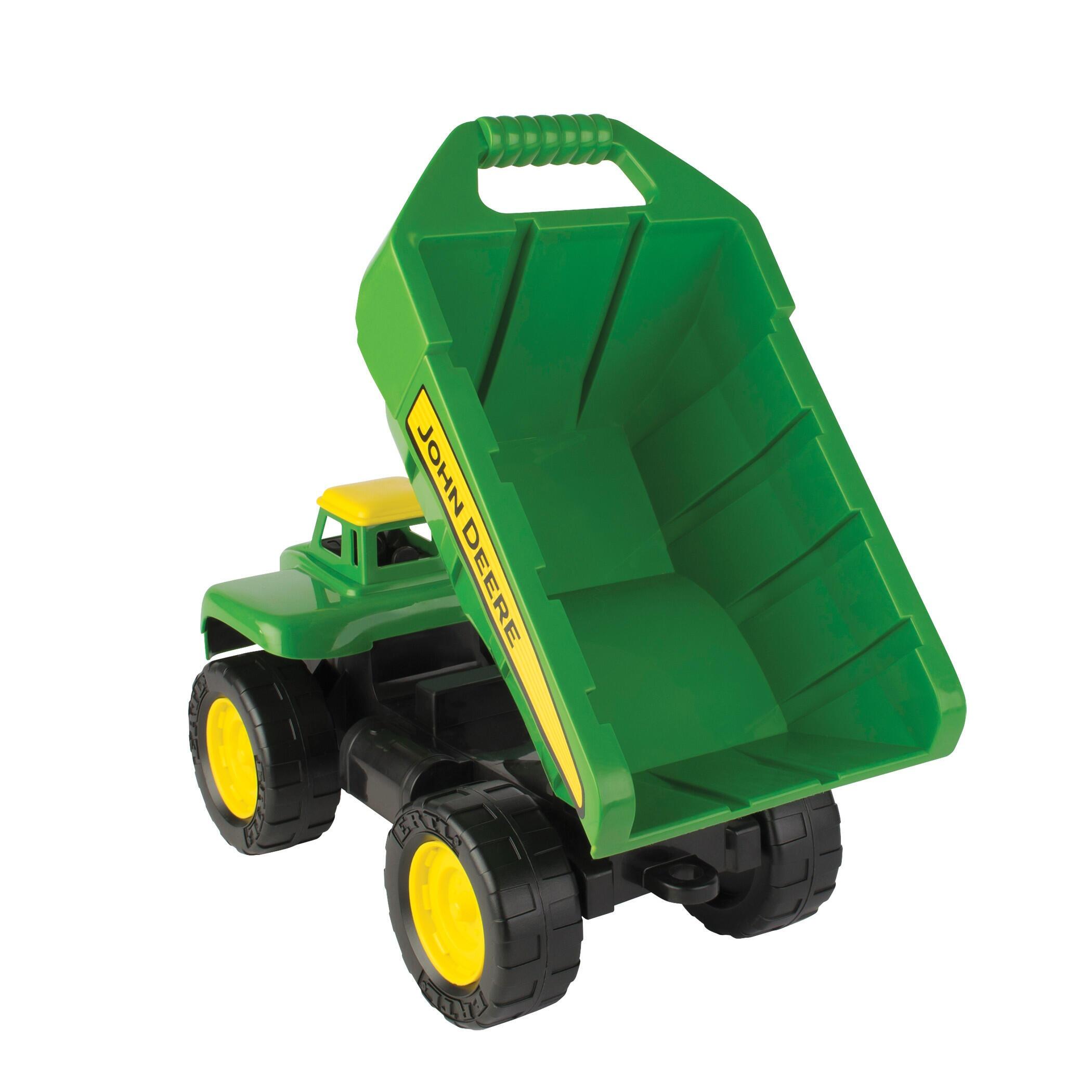 Rear angled view of John Deere Big Scoop dump truck toy with raised dump bed.
