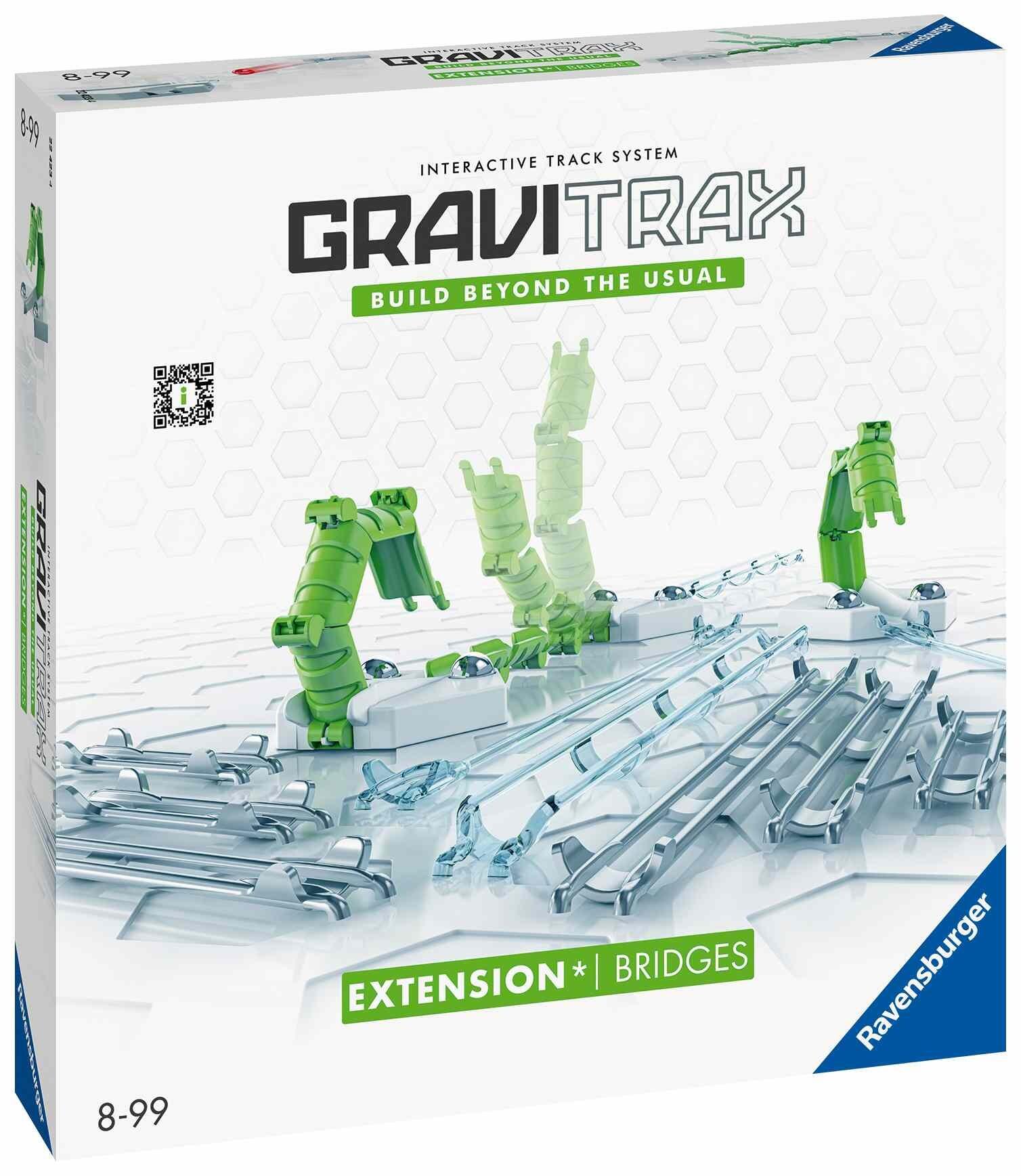 Front view of the GraviTrax Bridges Pack box featuring bridge elements and track additions