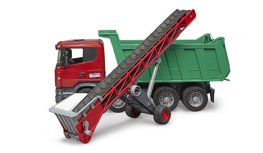 Bruder toy conveyor belt unloading into a dump truck